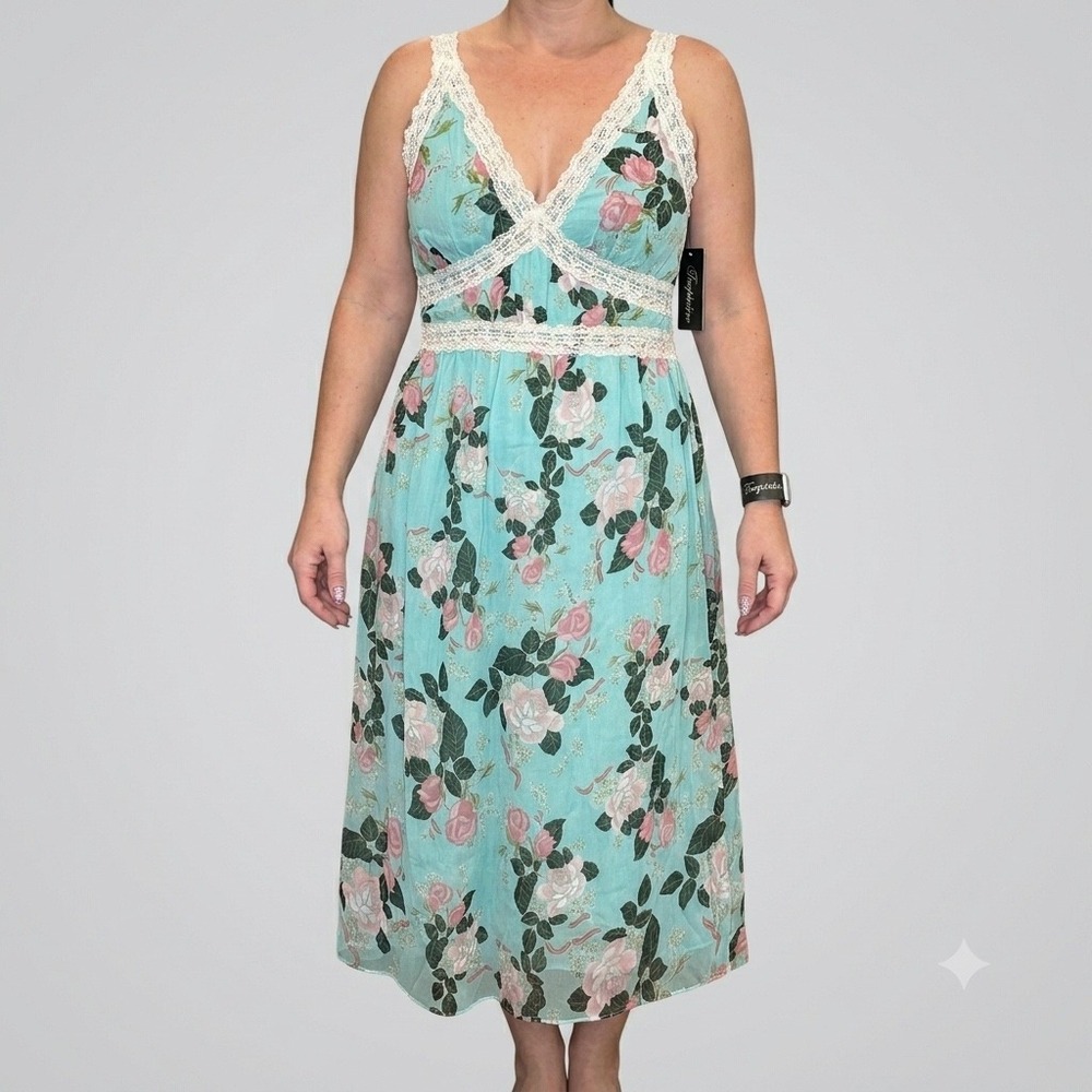 Temptation Womens Turquoise Pink Rose Floral Lace Trim Empire Maxi Dress‎ Large
